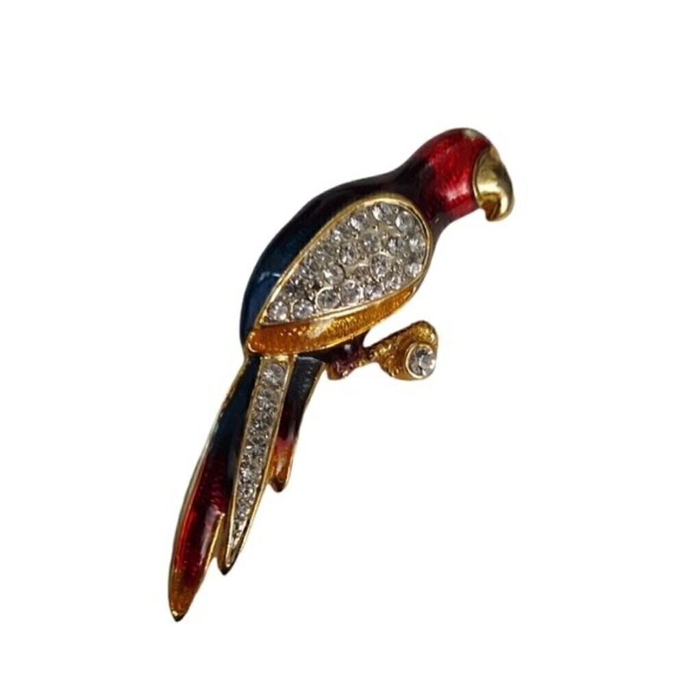 Parrot Rhinestone Bling Brooch Pin Goldtone Red Blue